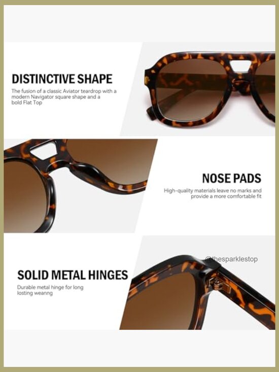 Oversized Flat Top Sunglasses, Retro Chunky Aviator Style with Double Bridge